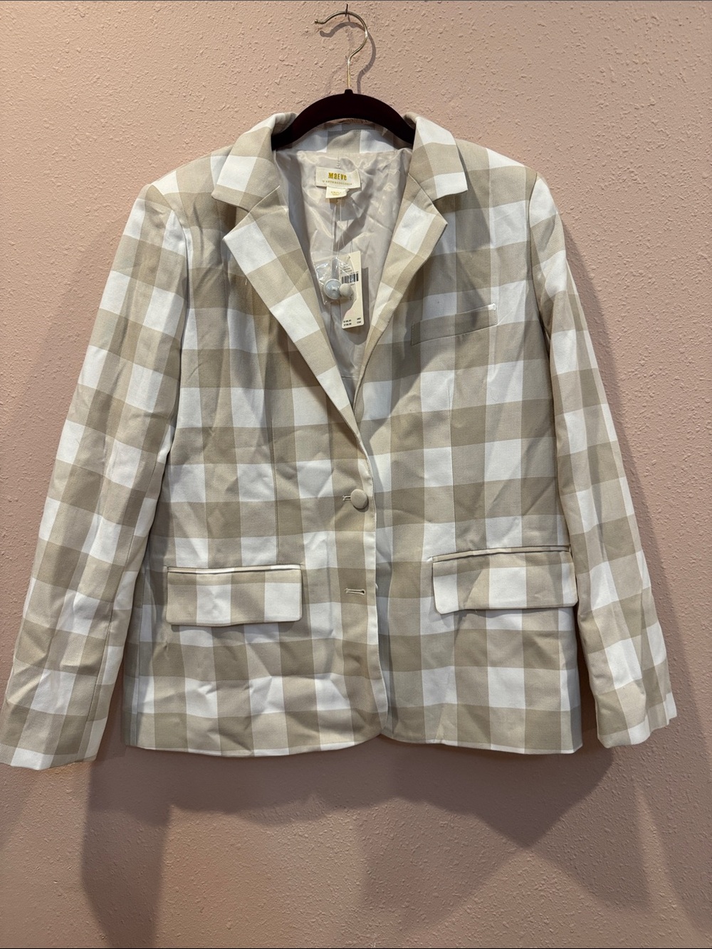 Anthropologie NWT Beige and White Checked Blazer Jacket